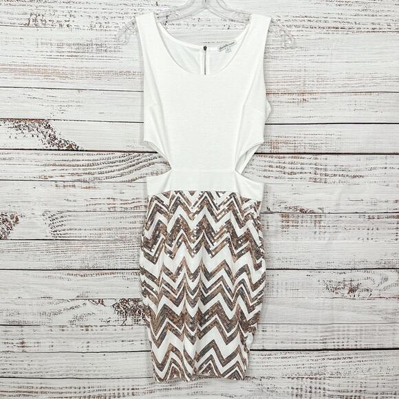 Charlotte Russe Dresses & Skirts - Charlotte Russe Ivory Cut Out Side Dress with Rose Gold Sequins, GUC, Small